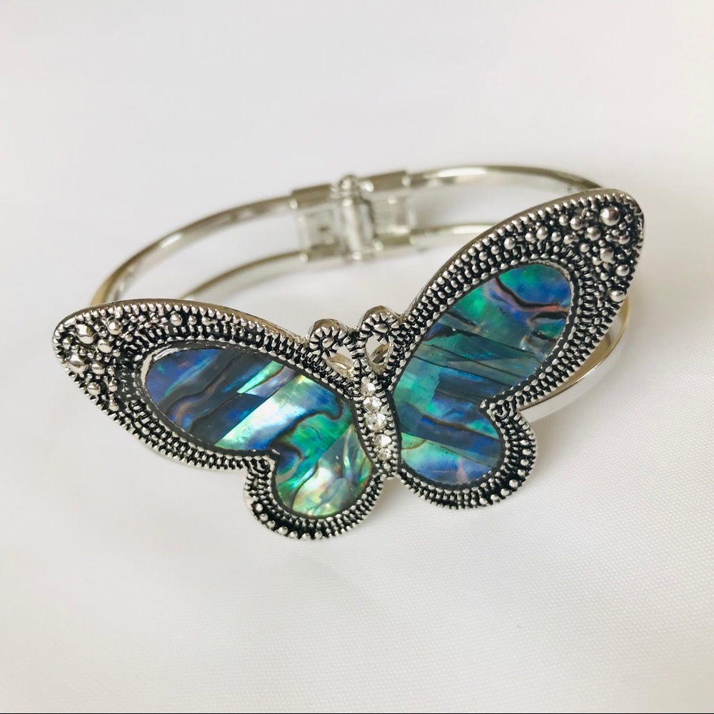 Butterfly Abalone Cuff Bangle Bracelet Silver Tone - Picture 4 of 5
